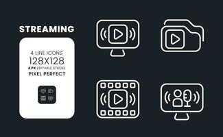 Streaming white linear desktop icons on black. Media content. Live tv. Online broadcasting platform. Pixel perfect 128x128, outline 4px. Isolated interface symbols pack for dark mode. Editable stroke vector