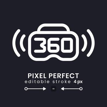 360 En Vivo transmisión blanco lineal escritorio icono en negro. transmitir dispositivo. vr tecnología. virtual realidad. píxel perfecto, contorno 4 píxeles. aislado usuario interfaz símbolo para oscuro tema. editable carrera vector