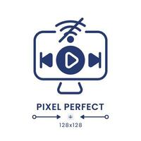 Offline playback black solid desktop icon. Streaming platform. Downloading video content. Pixel perfect 128x128, outline 4px. Silhouette symbol on white space. Glyph pictogram. Isolated vector image