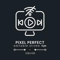 Offline playback white linear desktop icon on black. Streaming platform. Downloading video content. Pixel perfect 128x128, outline 4px. Isolated user interface symbol for dark theme. Editable stroke vector