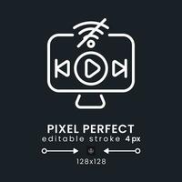 Offline playback white linear desktop icon on black. Streaming platform. Downloading video content. Pixel perfect 128x128, outline 4px. Isolated user interface symbol for dark theme. Editable stroke vector