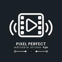 Video streaming white linear desktop icon on black. Social media. Broadcasting content. Online platform. Pixel perfect, outline 4px. Isolated user interface symbol for dark theme. Editable stroke vector