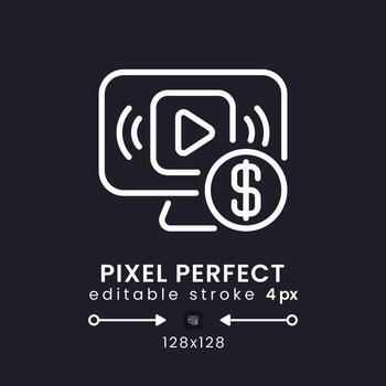 Streaming subscription plans white linear desktop icon on black. Premium content. Ad-free viewing. Pixel perfect 128x128, outline 4px. Isolated user interface symbol for dark theme. Editable stroke vector