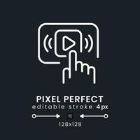 Start streaming white linear desktop icon on black. Digital content platform. Online entertainment. Pixel perfect 128x128, outline 4px. Isolated user interface symbol for dark theme. Editable stroke vector