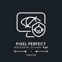 Parental control white linear desktop icon on black. Kid-friendly profile. Streaming app feature. Pixel perfect 128x128, outline 4px. Isolated user interface symbol for dark theme. Editable stroke vector