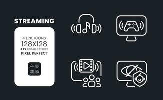 Streaming white linear desktop icons on black. Family-friendly programming. Online entertainment. Pixel perfect 128x128, outline 4px. Isolated interface symbols pack for dark mode. Editable stroke vector