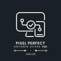 Cross-platform compatibility white linear desktop icon on black. Streaming on multiple devices. Pixel perfect 128x128, outline 4px. Isolated user interface symbol for dark theme. Editable stroke vector