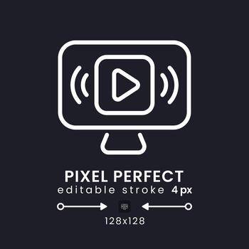 En Vivo transmisión blanco lineal escritorio icono en negro. Internet video. medios de comunicación jugador software. píxel Perfecto 128x128, contorno 4 píxeles. aislado usuario interfaz símbolo para oscuro tema. editable carrera vector