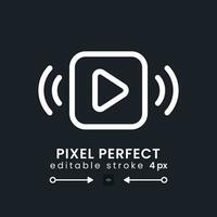 Play button white linear desktop icon on black. Media player. Music on. Watching video content. Pixel perfect, outline 4px. Isolated user interface symbol for dark theme. Editable stroke vector