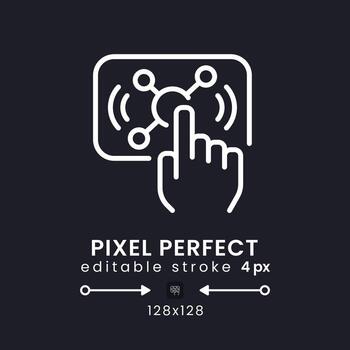 Interactive live streaming white linear desktop icon on black. Audience engagement. Online broadcast. Pixel perfect 128x128, outline 4px. Isolated user interface symbol for dark theme. Editable stroke vector
