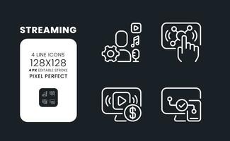Streaming white linear desktop icons on black. Live interactive content. Digital marketing. Smart TV. Pixel perfect 128x128, outline 4px. Isolated interface symbols pack for dark mode. Editable stroke vector