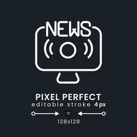 News streaming white linear desktop icon on black. Online media. Real-time broadcasting. Pixel perfect 128x128, outline 4px. Isolated user interface symbol for dark theme. Editable stroke vector