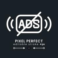 Ad free content white linear desktop icon on black. Streaming service without commercials. Pixel perfect, outline 4px. Isolated user interface symbol for dark theme. Editable stroke vector