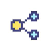 Sharing button with dots pixelated RGB color ui icon. Social media. Reaction. Simplistic filled 8bit graphic element. Retro style design for arcade, video game art. Editable vector isolated image