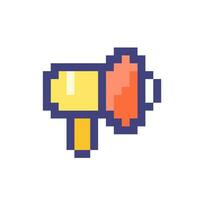 Handheld megaphone pixelated RGB color ui icon. Announce about sales. Marketing. Simplistic filled 8bit graphic element. Retro style design for arcade, video game art. Editable vector isolated image