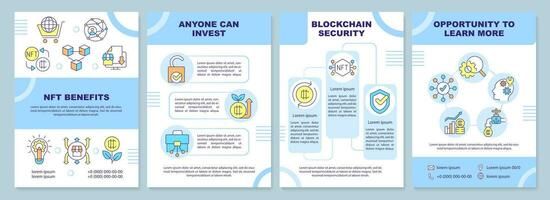 NFT benefits blue brochure template. Crypto advantages. Leaflet design with linear icons. Editable 4 vector layouts for presentation, annual reports