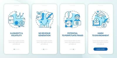 NFT disadvantages blue onboarding mobile app screen. Problems walkthrough 4 steps editable graphic instructions with linear concepts. UI, UX, GUI template vector