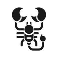 Scorpion black glyph icon. Scorpio zodiac animal. Horoscope sign of western astrology. Predatory arachnid. Silhouette symbol on white space. Solid pictogram. Vector isolated illustration