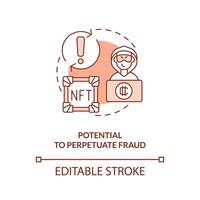 Potential to perpetuate fraud orange concept icon. Forged replicas. NFT disadvantage abstract idea thin line illustration. Isolated outline drawing. Editable stroke vector