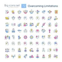 Overcoming limitations RGB color big icons set. Removing hidden barriers. Self growth. Isolated vector illustrations. Simple filled line drawings collection. Editable stroke used