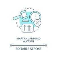 Start an unlimited auction turquoise concept icon. Monetization. Way of NFTs selling abstract idea thin line illustration. Isolated outline drawing. Editable stroke vector