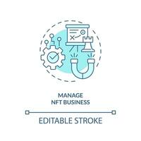 Manage NFT business turquoise concept icon. Patrons engagement. Minting process abstract idea thin line illustration. Isolated outline drawing. Editable stroke vector