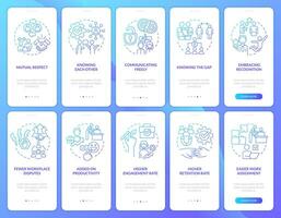 Relationship with employees blue gradient onboarding mobile app screen set. Walkthrough 5 steps graphic instructions with linear concepts. UI, UX, GUI template vector