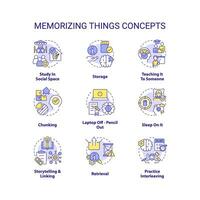 Memorizing things techniques concept icons set. Improve memory skills. Brain training idea thin line color illustrations. Isolated symbols. Editable stroke vector