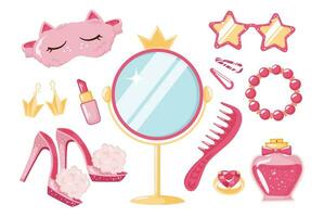 Set of various accessories for girl dolls in pink. vector