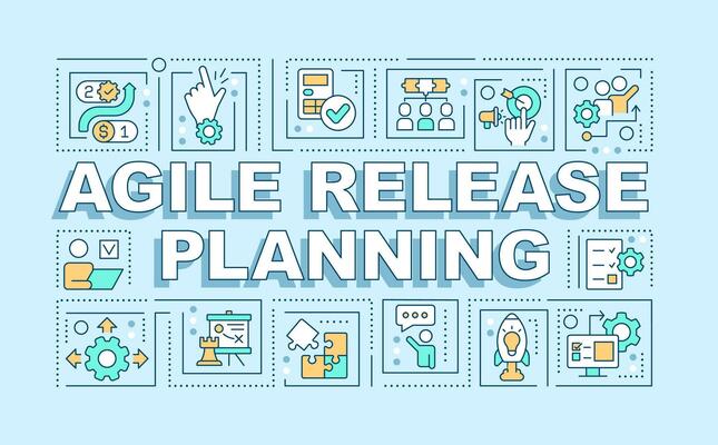 Agile release planning word concepts light blue banner. Team work. Infographics with editable icons on color background. Isolated typography. Vector illustration with text