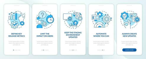 Improve release management process blue onboarding mobile app screen. Walkthrough 5 steps editable graphic instructions with linear concepts. UI, UX, GUI template vector