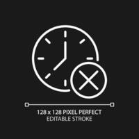 Clock with cross mark pixel perfect white linear icon for dark theme. Digital watch with x sign. Cancel agenda. Thin line illustration. Isolated symbol for night mode. Editable stroke vector