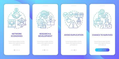 Benefits of mergers blue gradient onboarding mobile app screen. Research walkthrough 4 steps graphic instructions with linear concepts. UI, UX, GUI template vector