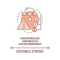 Uncontrolled variables in live environment red concept icon. Release management issue abstract idea thin line illustration. Isolated outline drawing. Editable stroke vector