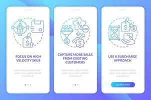 Strategies for raising prices blue gradient onboarding mobile app screen. Walkthrough 3 steps graphic instructions with linear concepts. UI, UX, GUI template vector