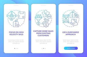 Strategies for raising prices blue gradient onboarding mobile app screen. Walkthrough 3 steps graphic instructions with linear concepts. UI, UX, GUI template vector