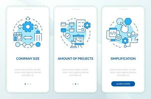 Selecting release management tools blue onboarding mobile app screen. Walkthrough 3 steps editable graphic instructions with linear concepts. UI, UX, GUI template vector