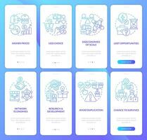 Merger and acquisition strategy blue gradient onboarding mobile app screen set. Walkthrough 4 steps graphic instructions with linear concepts. UI, UX, GUI template vector