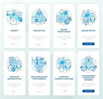 Software release management blue onboarding mobile app screen set. Walkthrough 4 steps editable graphic instructions with linear concepts. UI, UX, GUI template vector