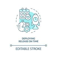 Deploying on time turquoise concept icon. Schedule period. Release management kpi abstract idea thin line illustration. Isolated outline drawing. Editable stroke vector