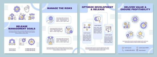 Release management goals blue brochure template. Leaflet design with linear icons. Editable 4 vector layouts for presentation, annual reports