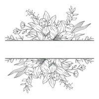 Floral Frames Line Art, Fine Line Wildflower Frames Hand Drawn Illustration. Outline Leaves and Flowers. vector