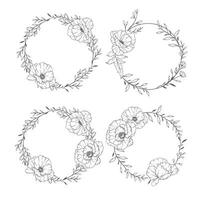 Floral Frames Line Art, Fine Line Poppy Frames Hand Drawn Illustration. Outline Leaves and Flowers. vector