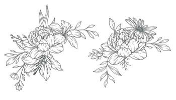 Wildflowers Line Art, Fine Line Wildflower Bouquets Hand Drawn Illustration. Coloring Page with Flowers. vector