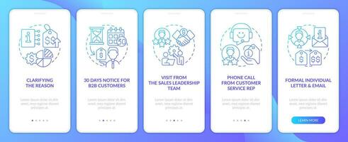 Communicate price increase guide blue gradient onboarding mobile app screen. Walkthrough 5 steps graphic instructions with linear concepts. UI, UX, GUI template vector