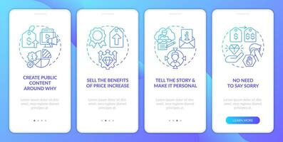 Raise prices and retain customers blue gradient onboarding mobile app screen. Walkthrough 4 steps graphic instructions with linear concepts. UI, UX, GUI template vector