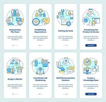 Trainings for employees onboarding mobile app screens set. Business walkthrough 4 steps editable graphic instructions with linear concepts. UI, UX, GUI template vector