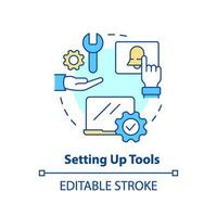 Setting up tools concept icon. New hire customer service training step abstract idea thin line illustration. Isolated outline drawing. Editable stroke vector