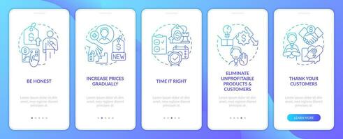 Tactics for raising prices blue gradient onboarding mobile app screen. Walkthrough 5 steps graphic instructions with linear concepts. UI, UX, GUI template vector