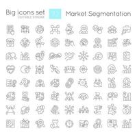 Marketing segmentation linear icons set. Commercial strategy. Target audience. Customizable thin line symbols. Isolated vector outline illustrations. Editable stroke used